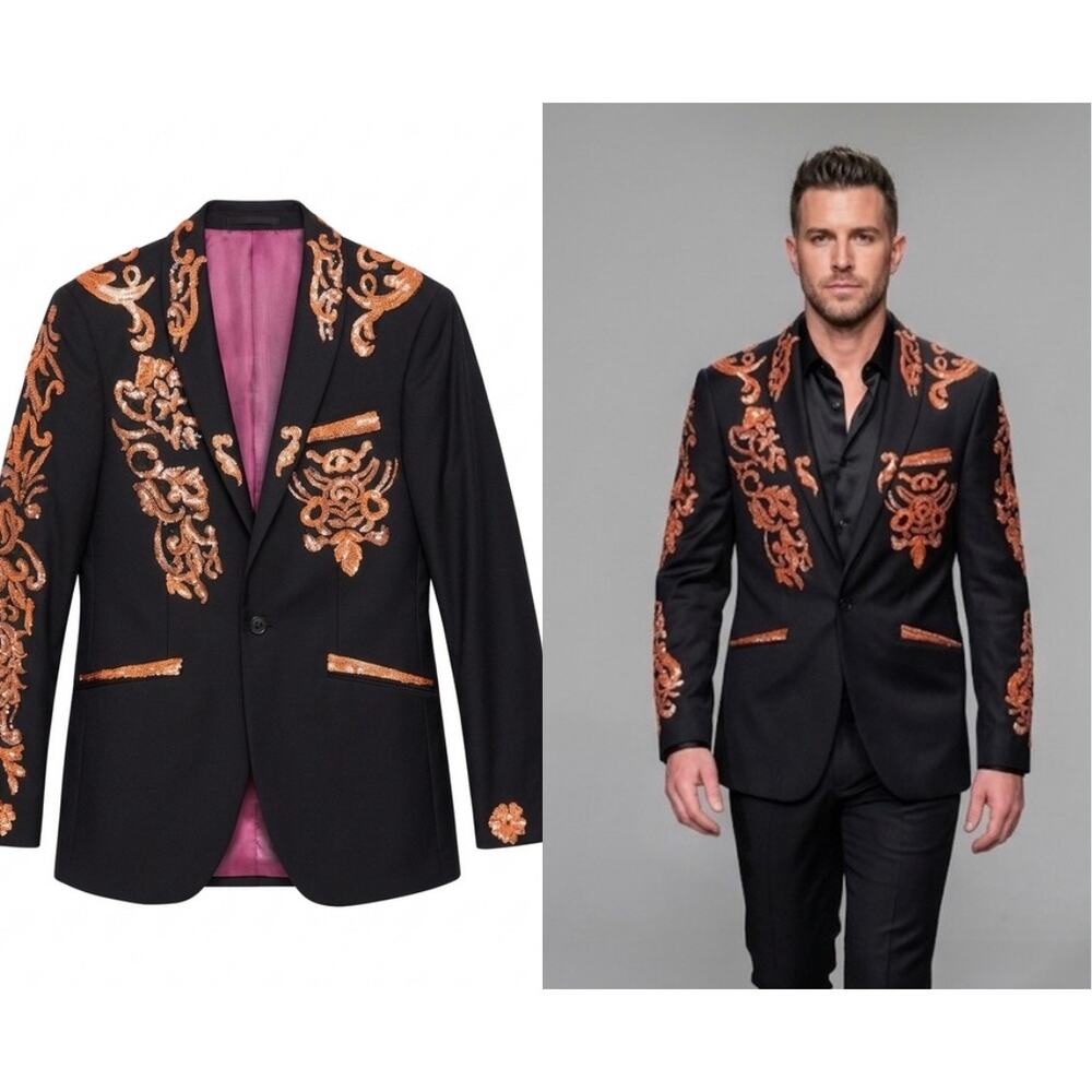 Berragamo Elegant Luxe Italy Sequin Blazer Dino Filarte Wool Black Orange 38R